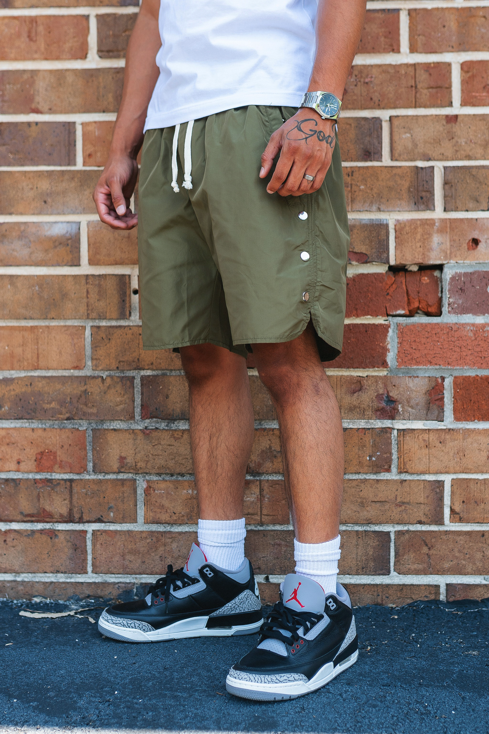 Side Snap Button Nylon Shorts
